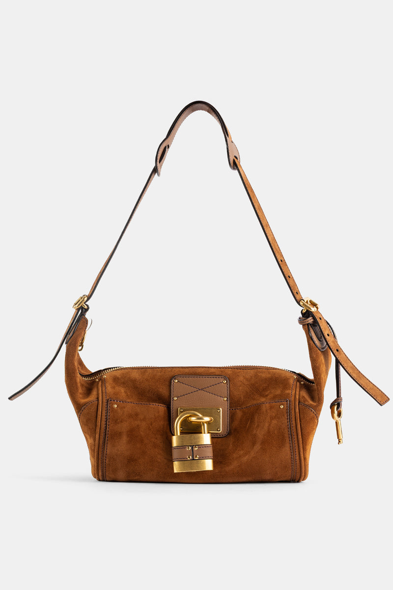 Chloé sac Paddington porté épaule en daim veau brun vintage avec cadenas doré et bandoulière cuir