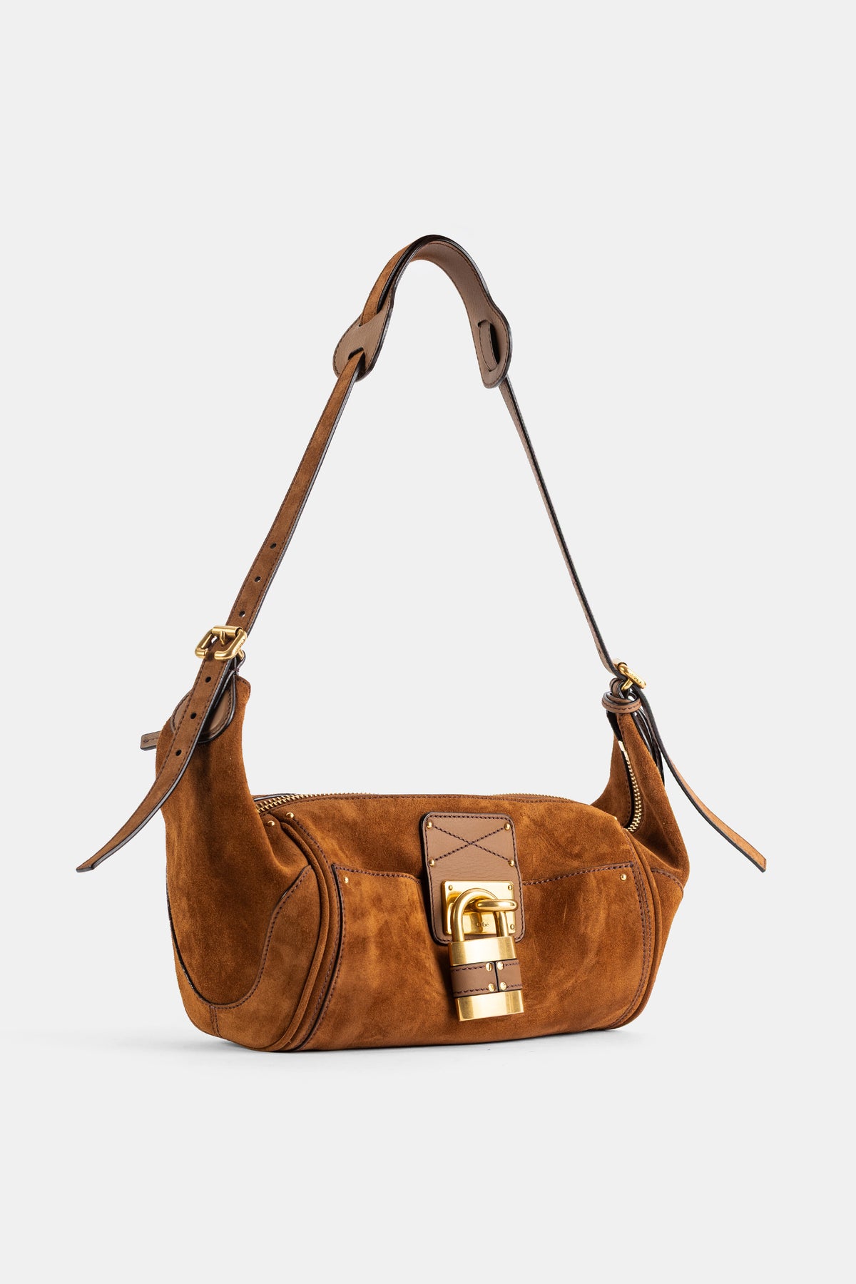 Chloé Paddington mini sac épaule daim veau camel, fermoir à cadenas laiton doré, vue trois quarts
