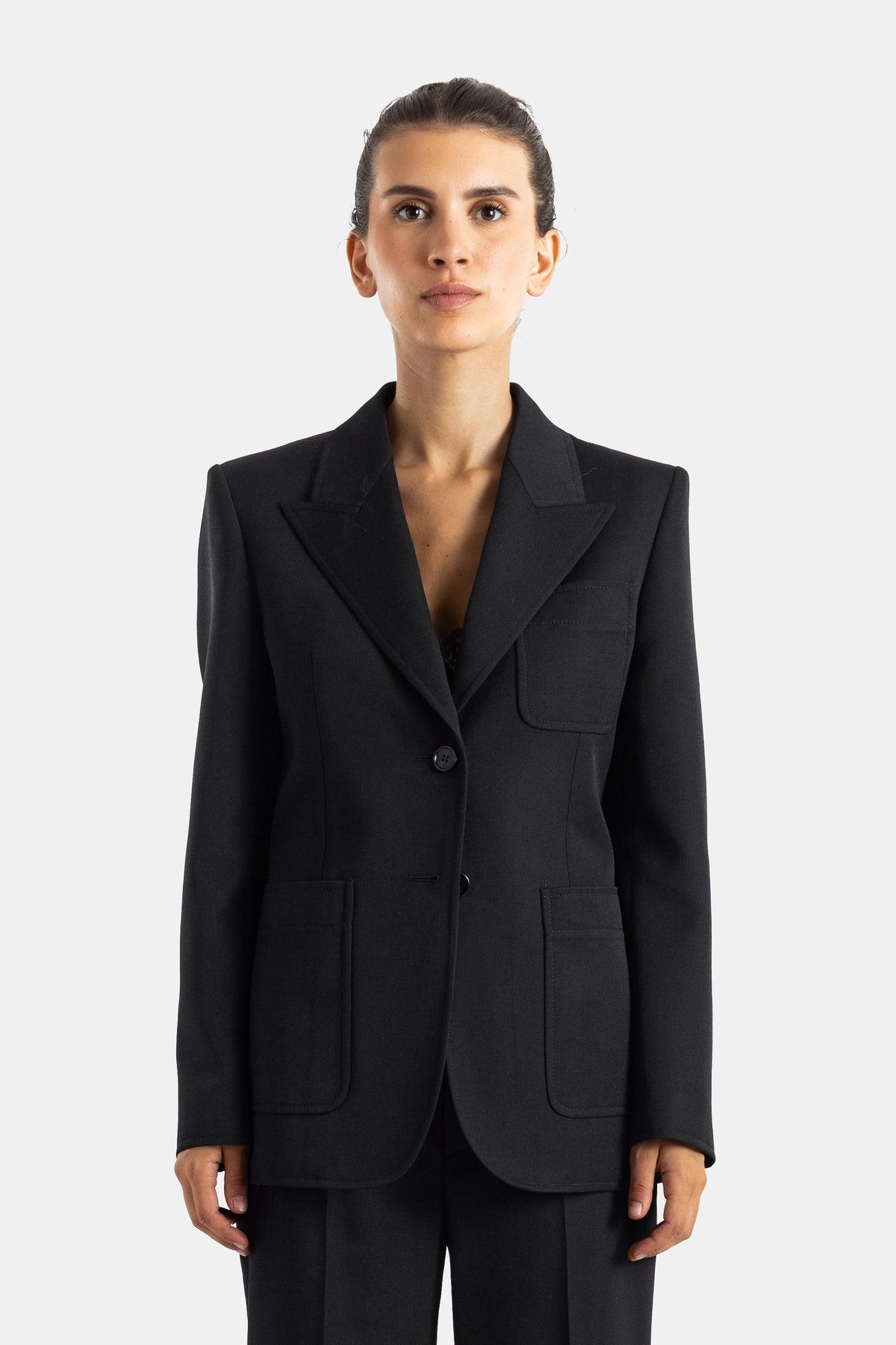 Chloé veste tailleur structurée en laine grain de poudre noire, col cranté et poches plaquées