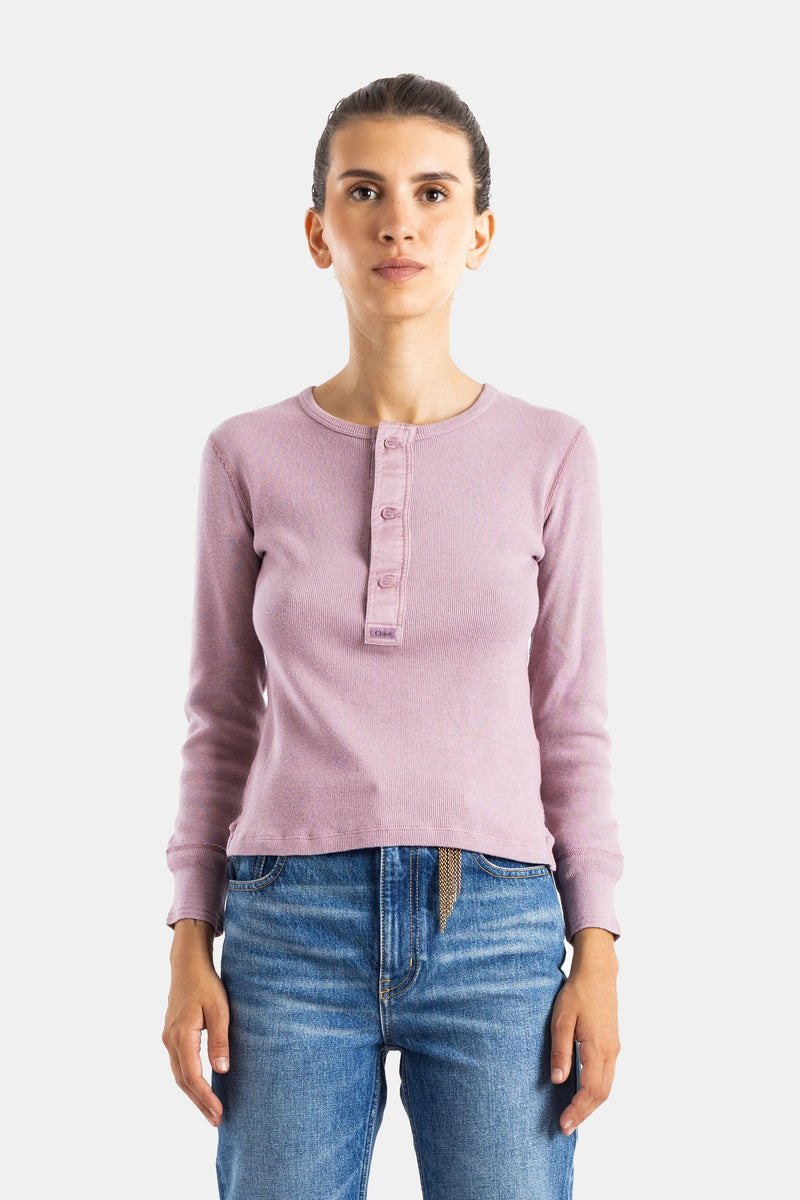 Chloé top ajusté henley manches longues en maille côtelée mauve col rond à boutons
