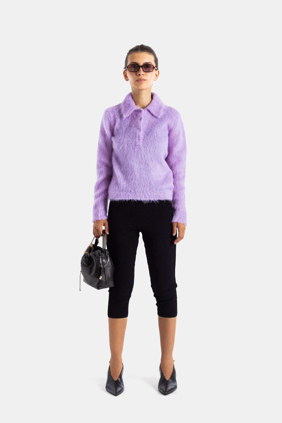 Chloé legging 3/4 noir en maille douce look total styling pull mohair lavande et sac cuir femme