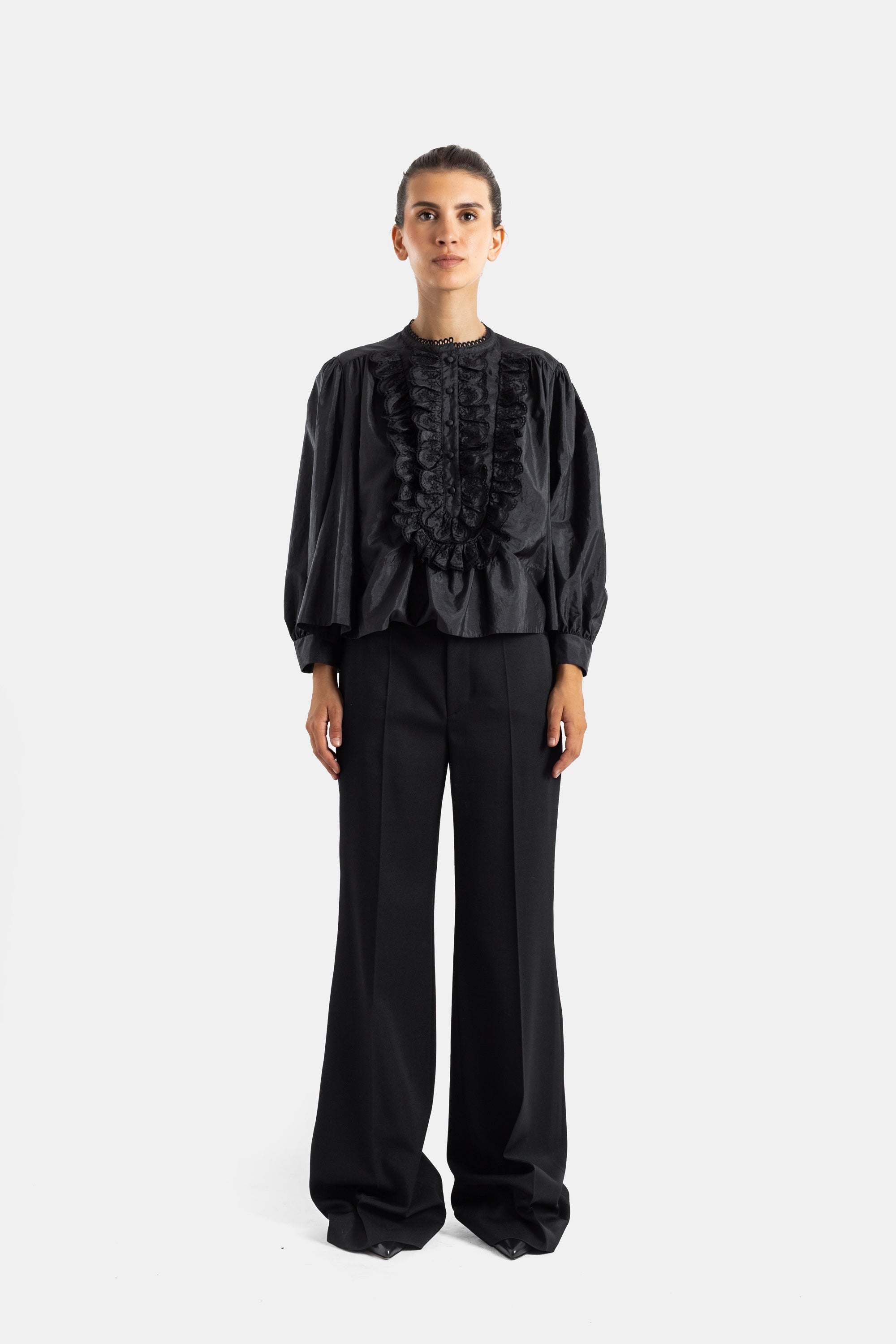 Chloé シャーリングジャボ＆パフスリーブ ブラックブラウス | Actuel B