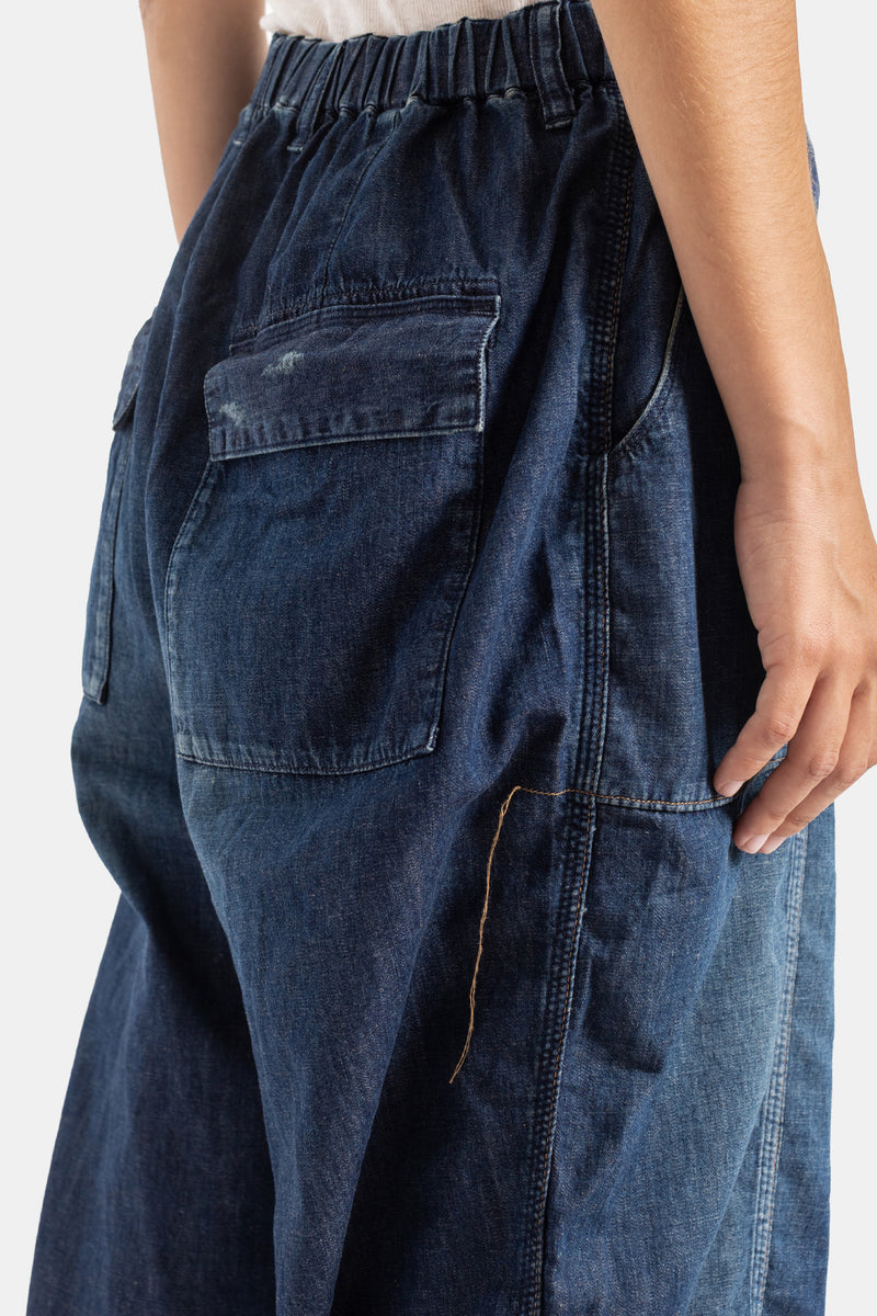 Cottle jean utilitaire femme détail poche arrière patch denim 8oz indigo délavé et ceinture élastique froncée