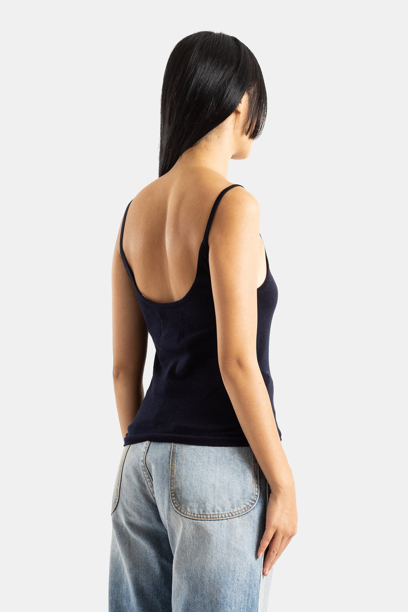 Extreme Cashmere Britney backless navy blue cashmere top with wide straps and open back support for women