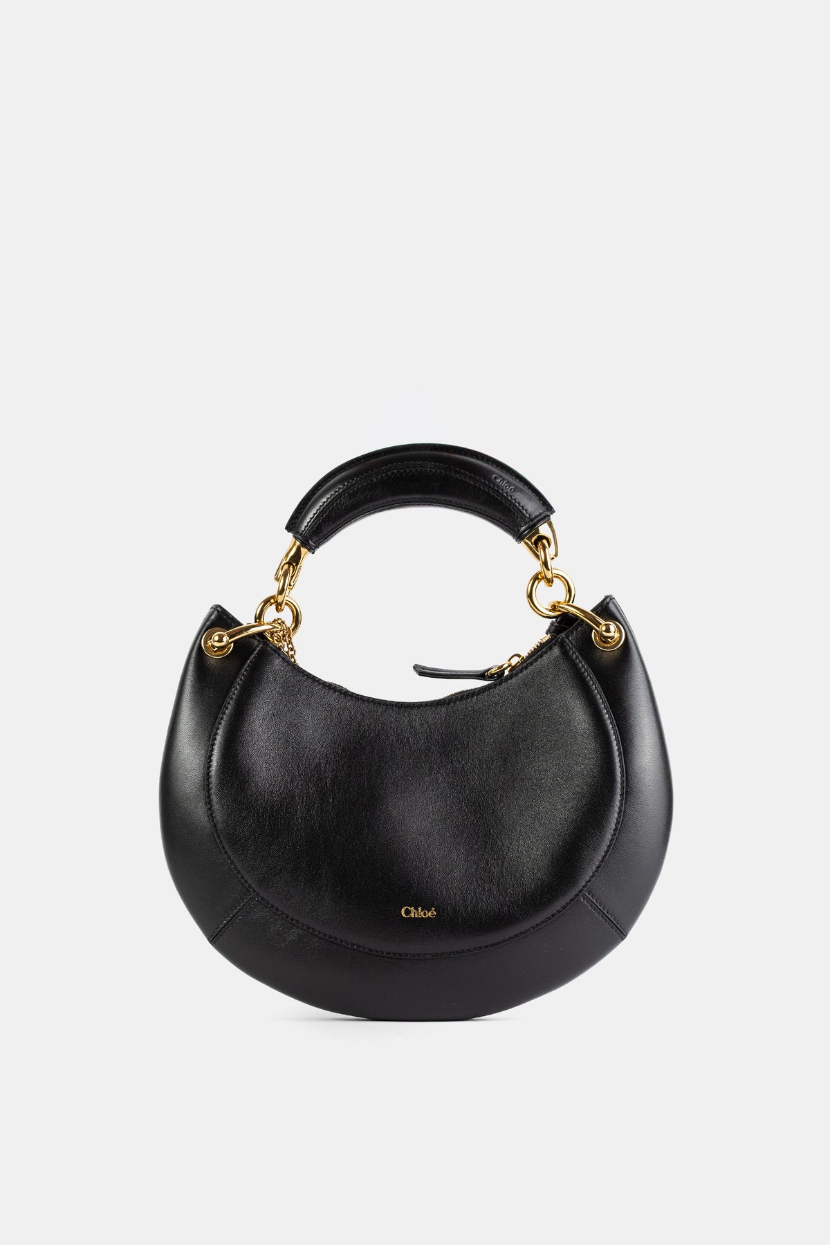 Chloé sac Banana en nappa d'agneau noir, silhouette demi-lune avec anse rigide et chaîne dorée