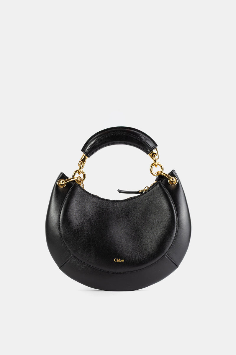 Chloé sac Banana en nappa d'agneau noir, silhouette demi-lune avec anse rigide et chaîne dorée