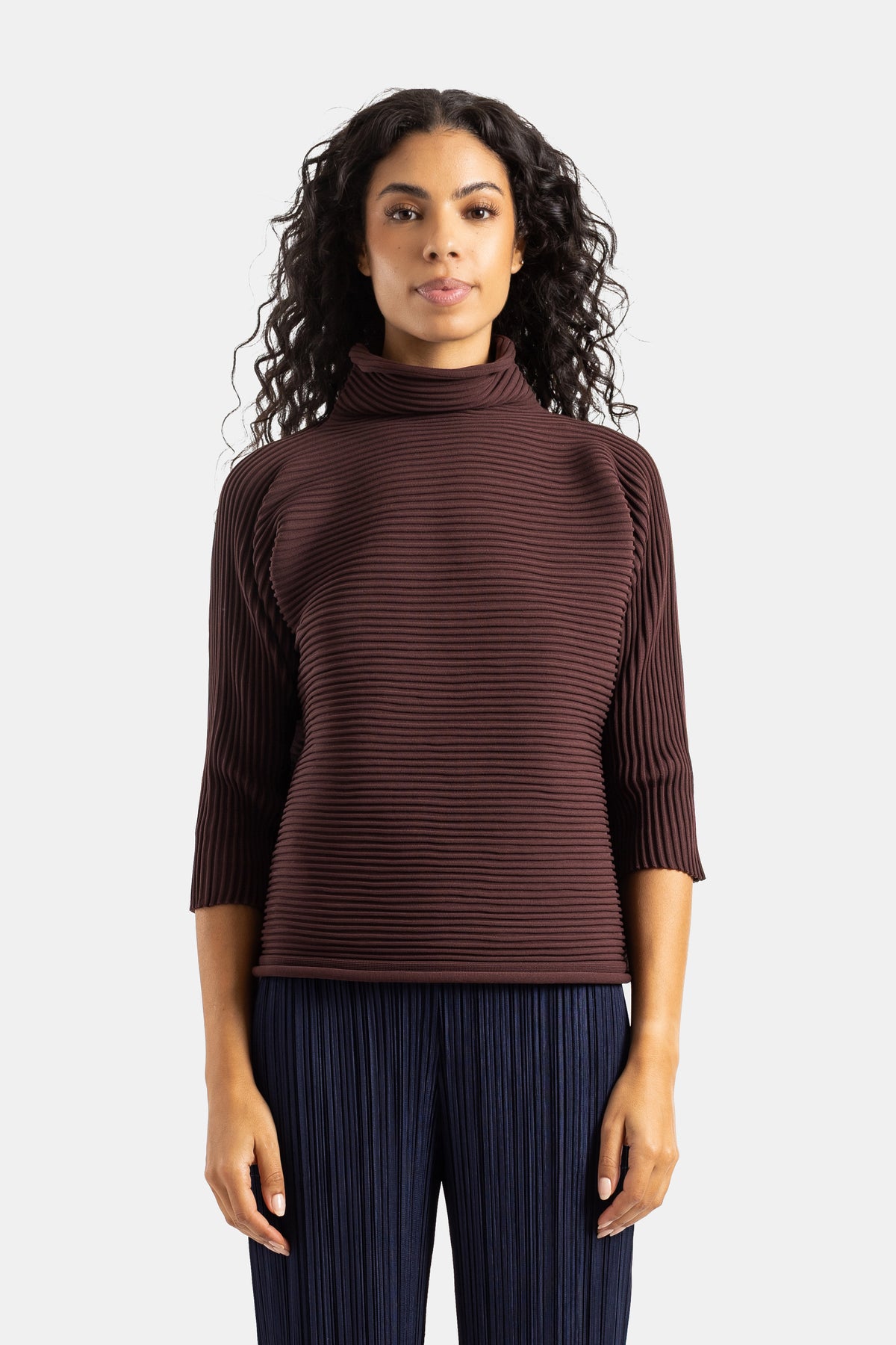 Top Pleats Please Issey Miyake de cuello alto y manga tres cuartos en punto plisado marrón chocolate para mujer