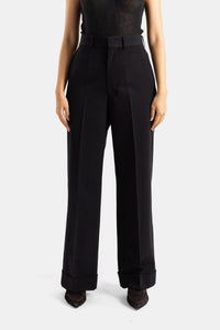 Pantalón ancho con dobladillo en lana negra - M