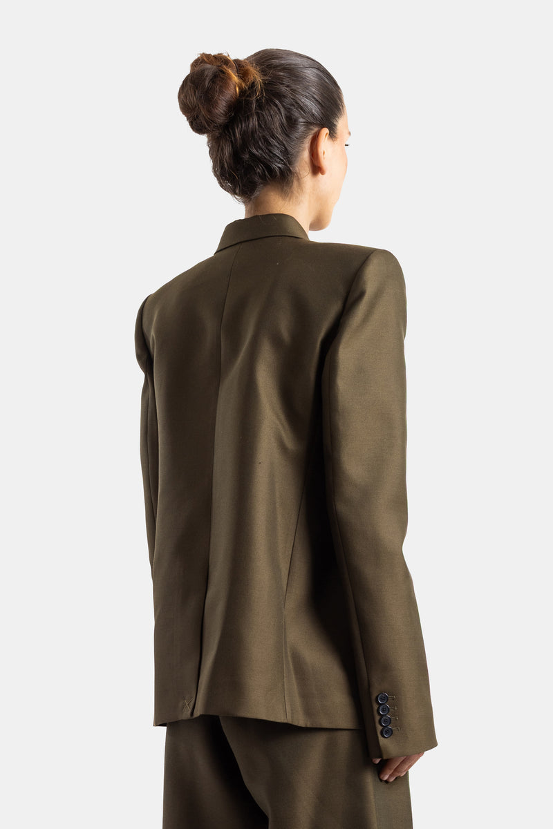 Khaite veste Silvannah dos vue arrière finition boutons marine lainage kaki coupe ajustée taille marquée