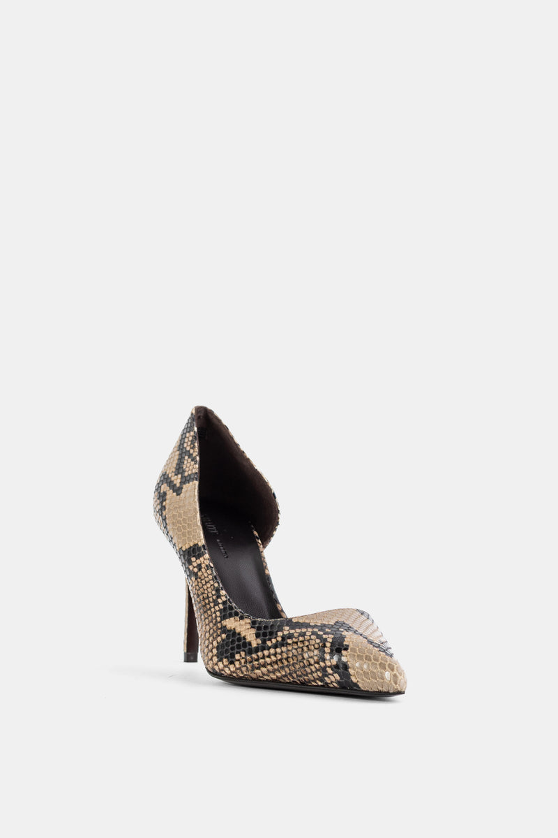 Khaite pump d'Orsay Jett 85 vue trois quarts, cuir motif écailles python bicolore beige et noir