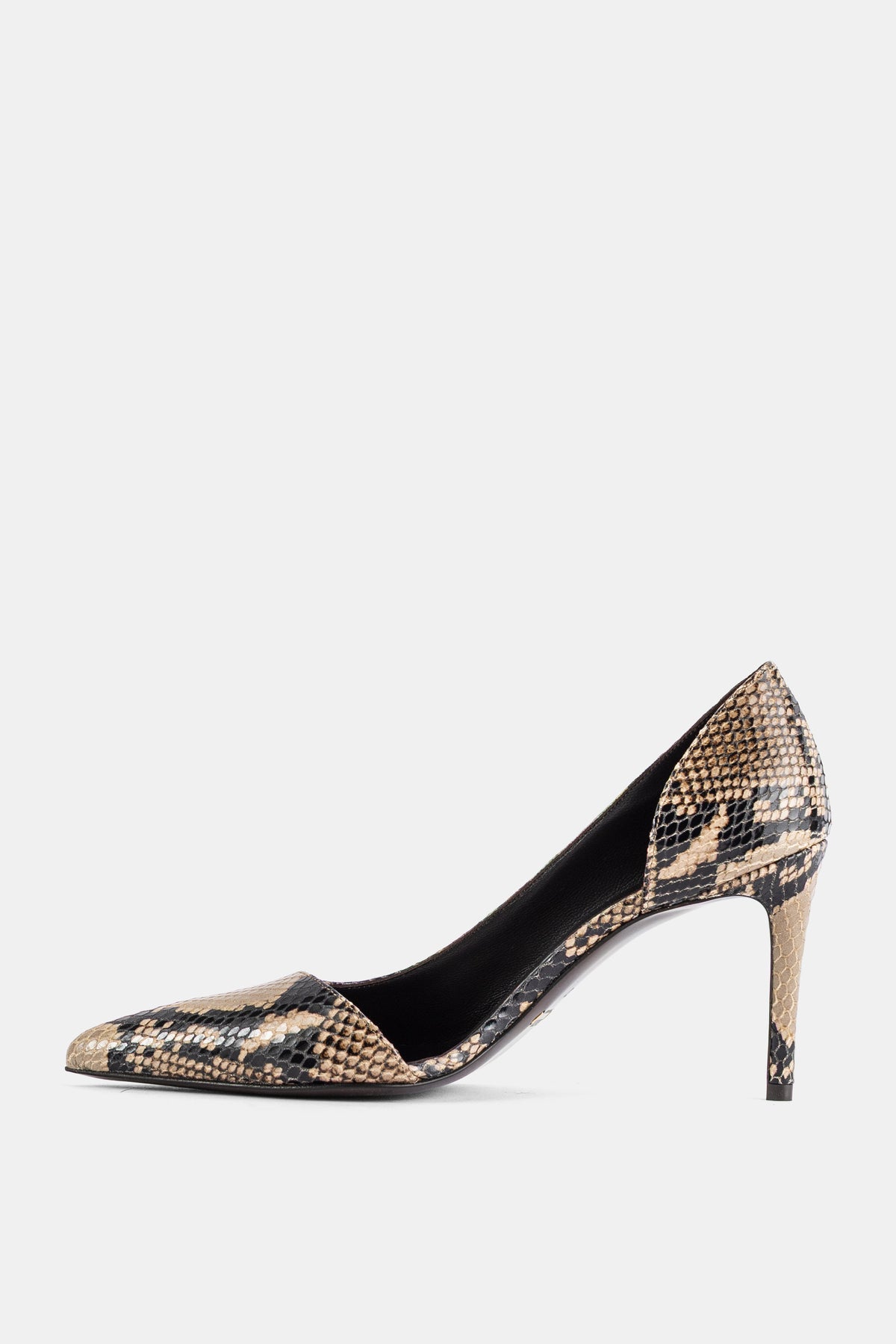 Khaite escarpin Jett 85 profil latéral droit, semelle noire et talon fin, cuir écailles python naturel