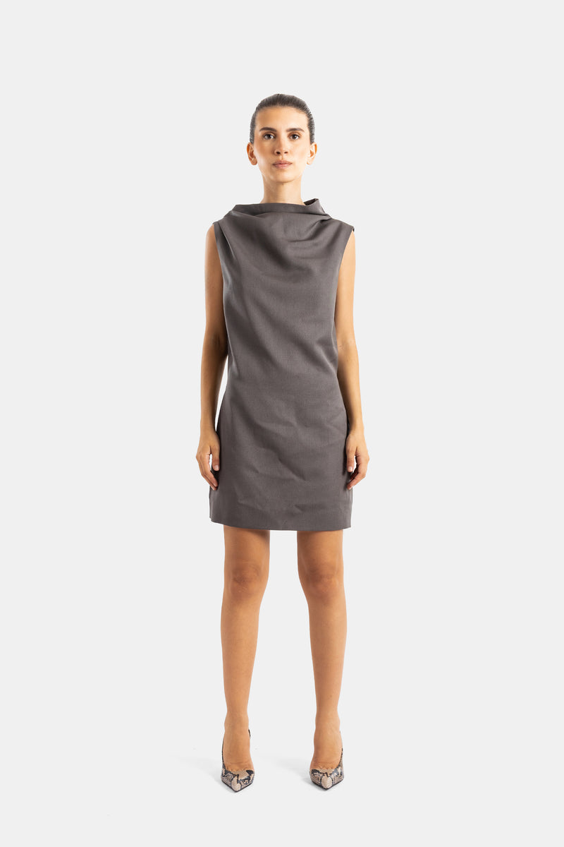 Khaite robe Astor courte sans manches col drapé coupe droite structurée en gris taupe