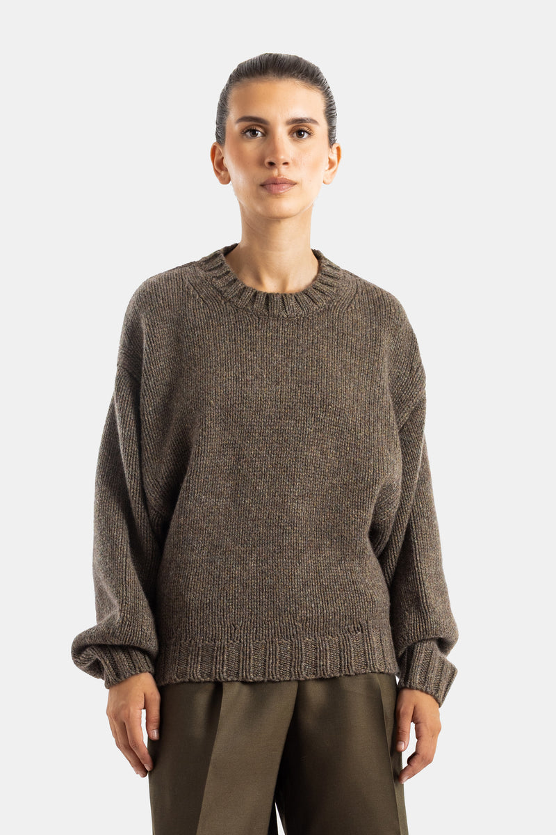 Khaite pull Gemma oversize col rond manches bouffantes en cachemire chiné kaki