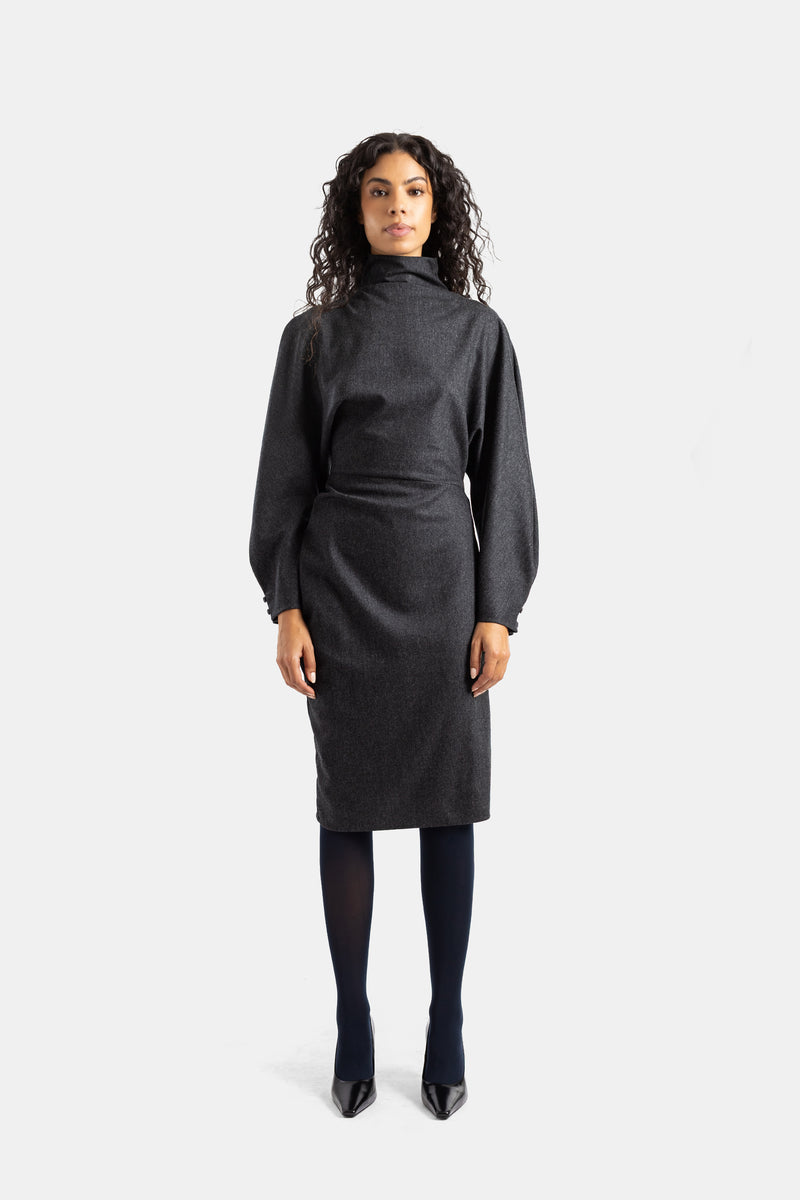 Khaite Harlin midi dress in charcoal grey wool featuring a draped collar, batwing sleeves and slim fit