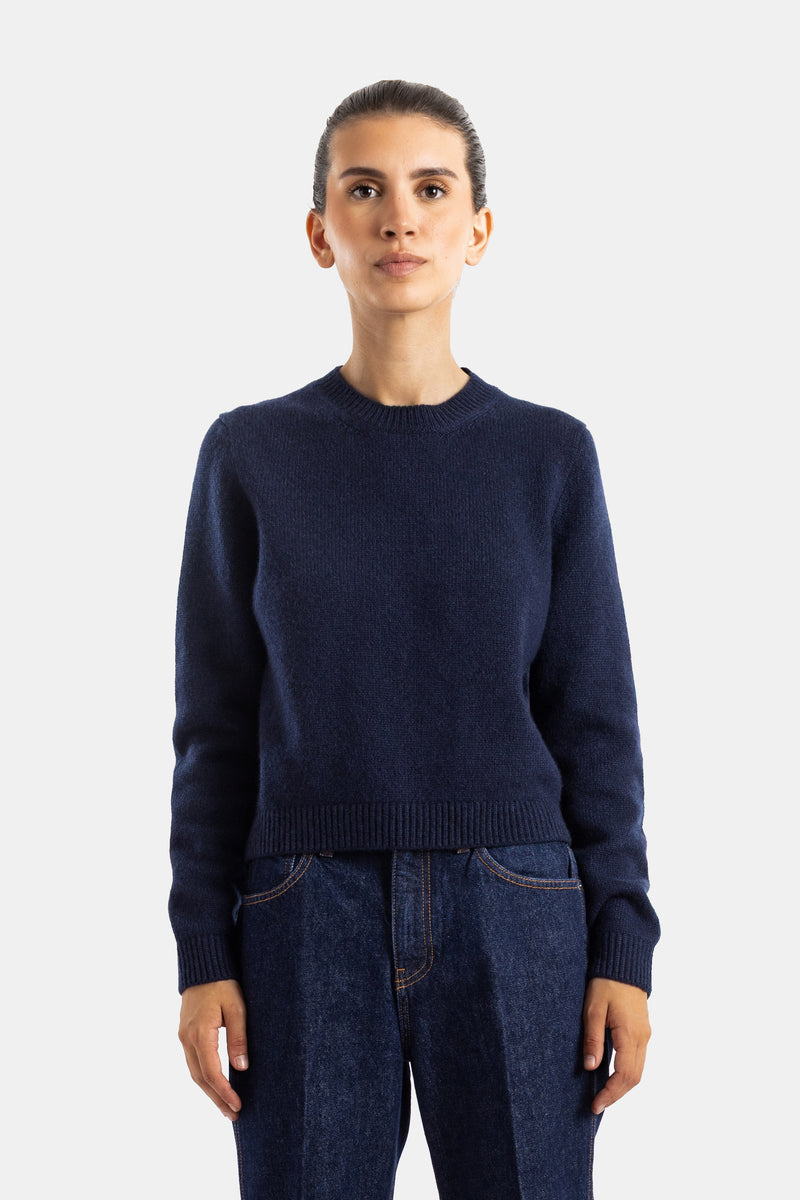 Khaite pull Leta cachemire col rond coupe courte manches longues bleu marine femme