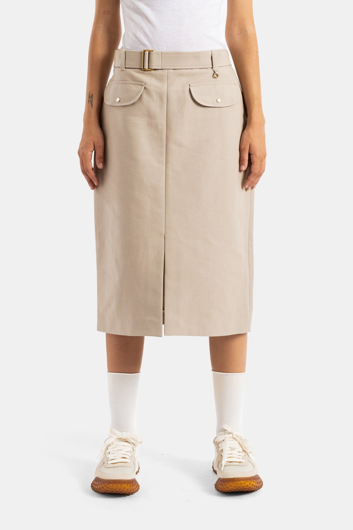 Moncler straight midi skirt belted in sand beige structured cut patch pockets gold-tone buttons front slit
