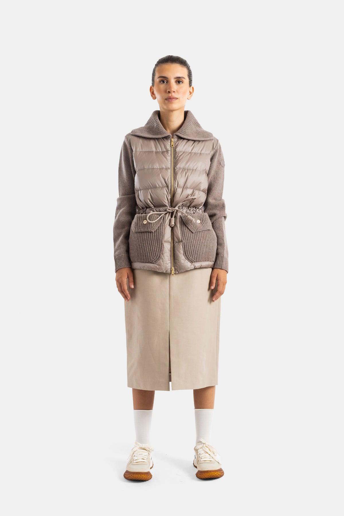 Moncler sand beige straight skirt worn with a quilted taupe knit jacket total beige autumn-winter look
