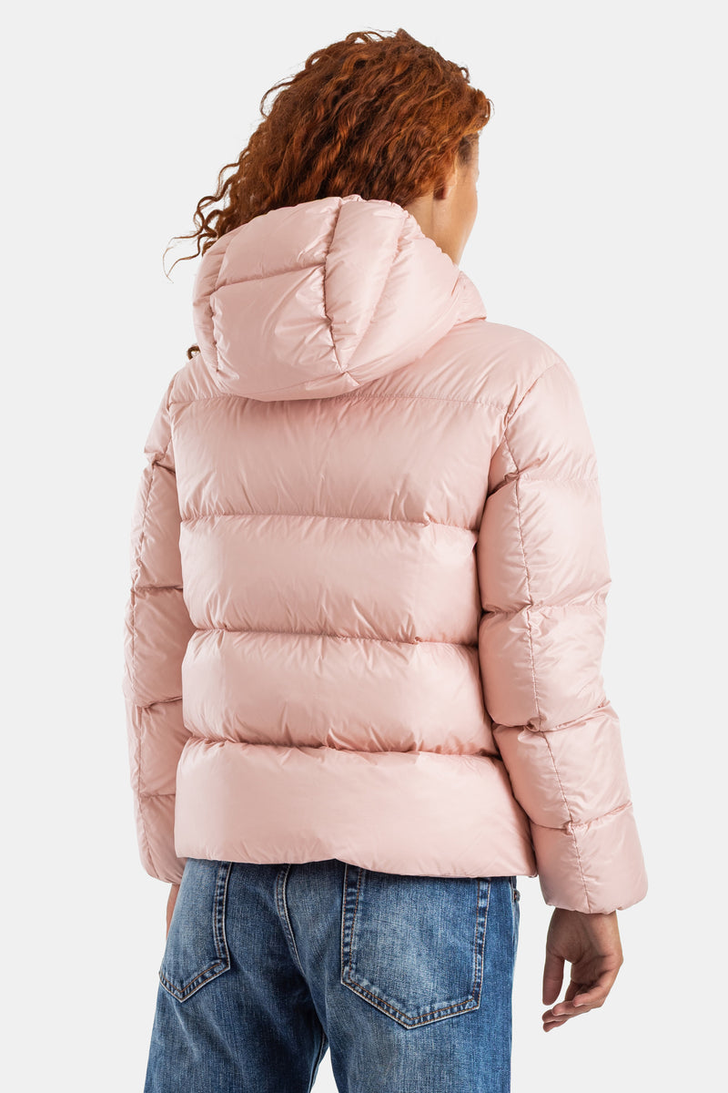 Moncler Feligule doudoune courte rose dos avec capuche rembourrée et bandes matelassées horizontales