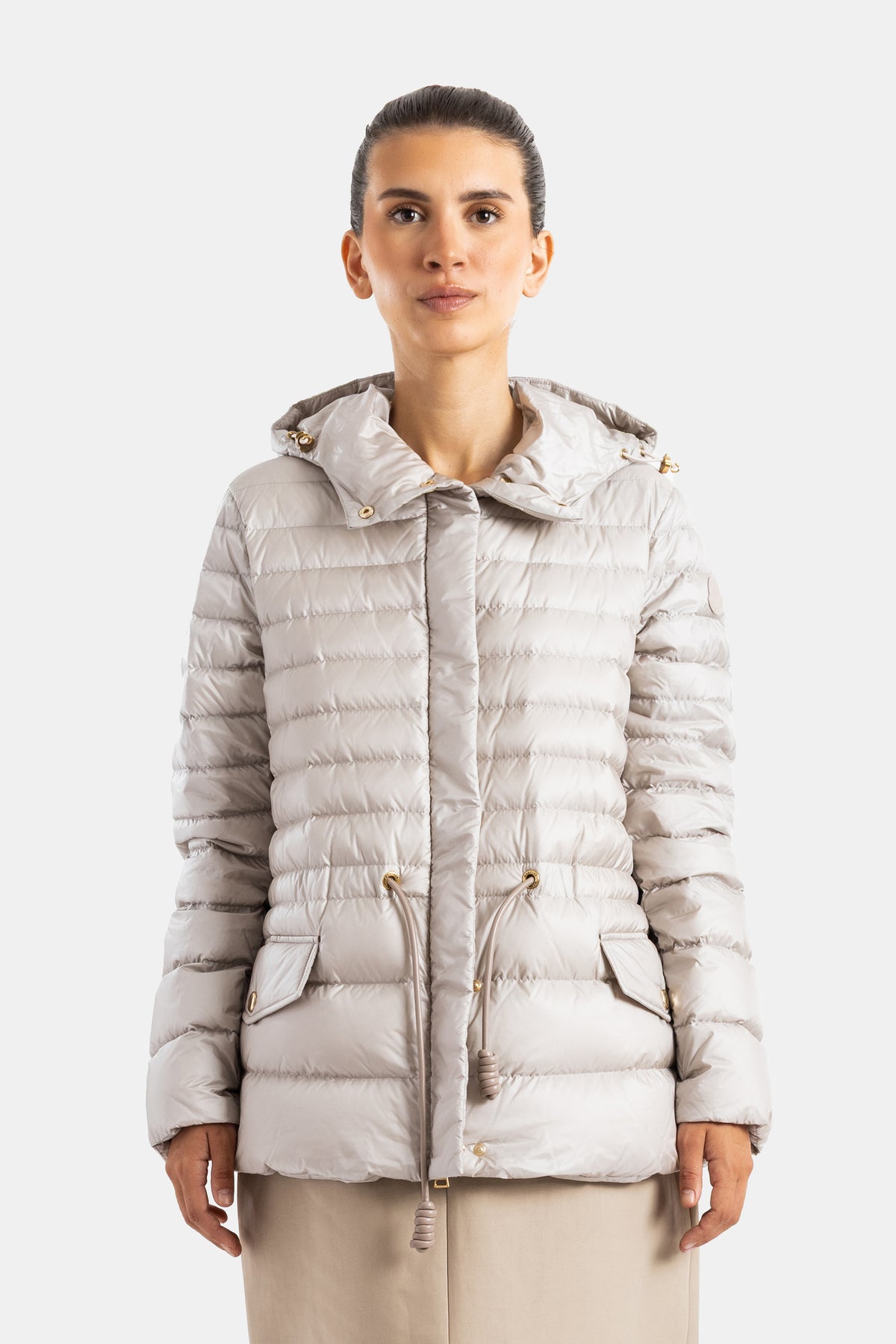 Moncler lightweight women's hooded down jacket, slim fit, horizontal stripes, pearly powder beige, drawstring waist