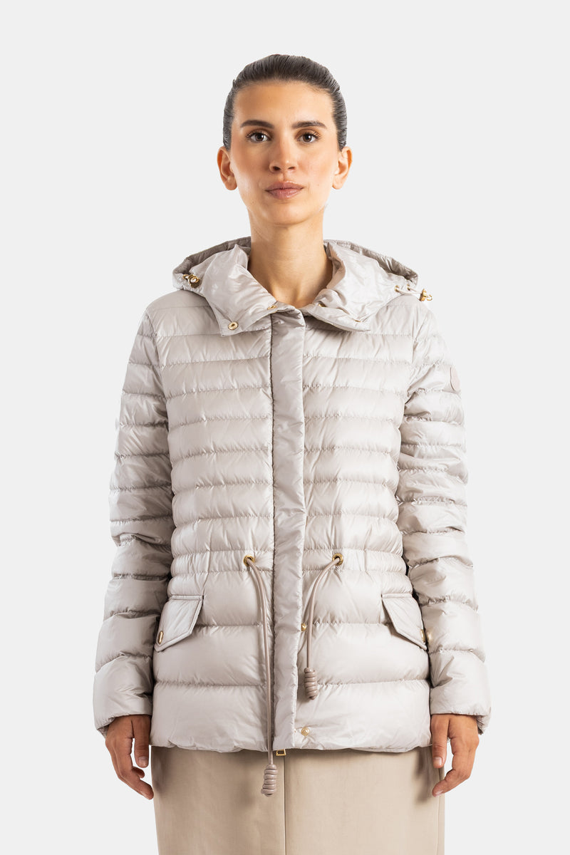 Moncler lightweight women's hooded down jacket, slim fit, horizontal stripes, pearly powder beige, drawstring waist