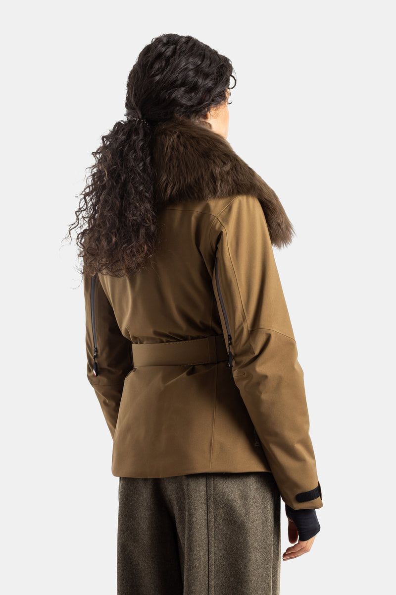 Retro Moncler Grenoble Vizelles giacca sci shearling marrone capelli ricci cintura regolata colore cammello
