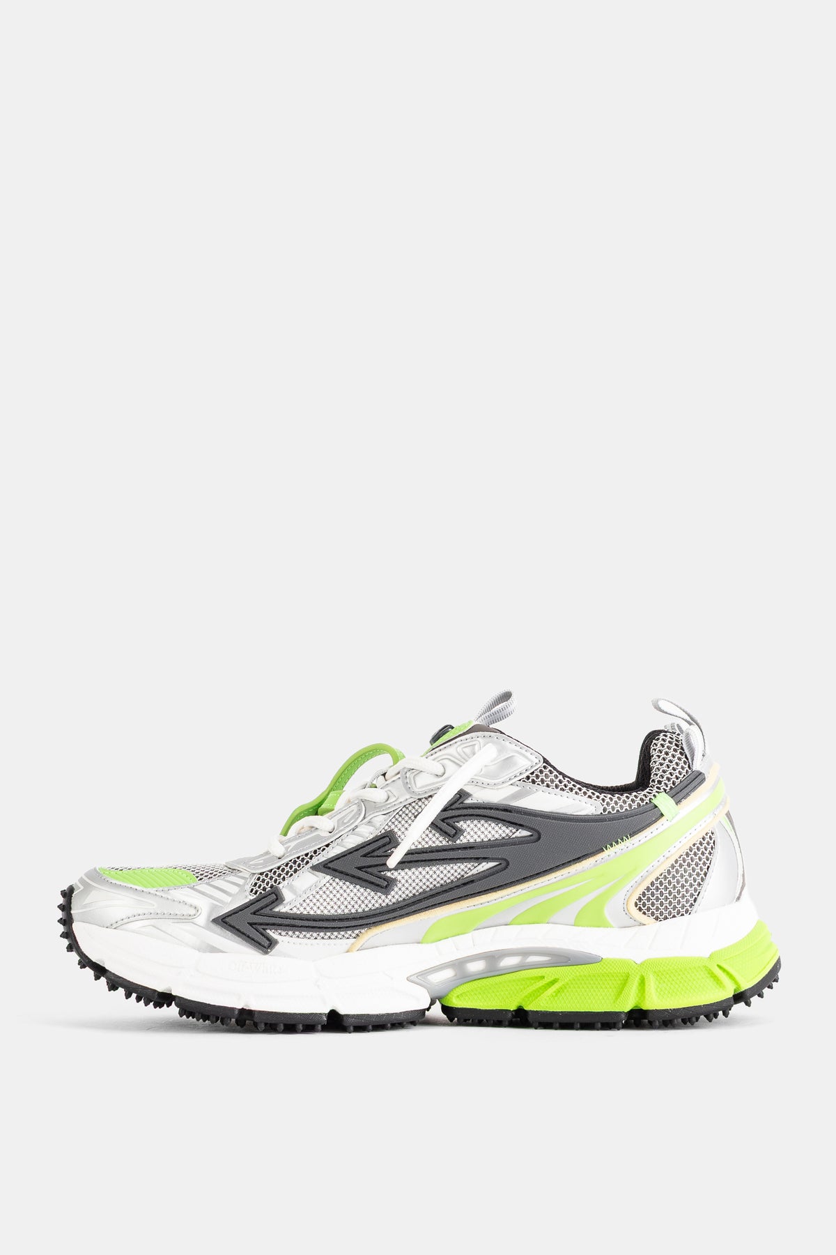 Off-White baskets Be Right Back profil latéral gauche midsole verte fluo empiècements gris anthracite résille homme