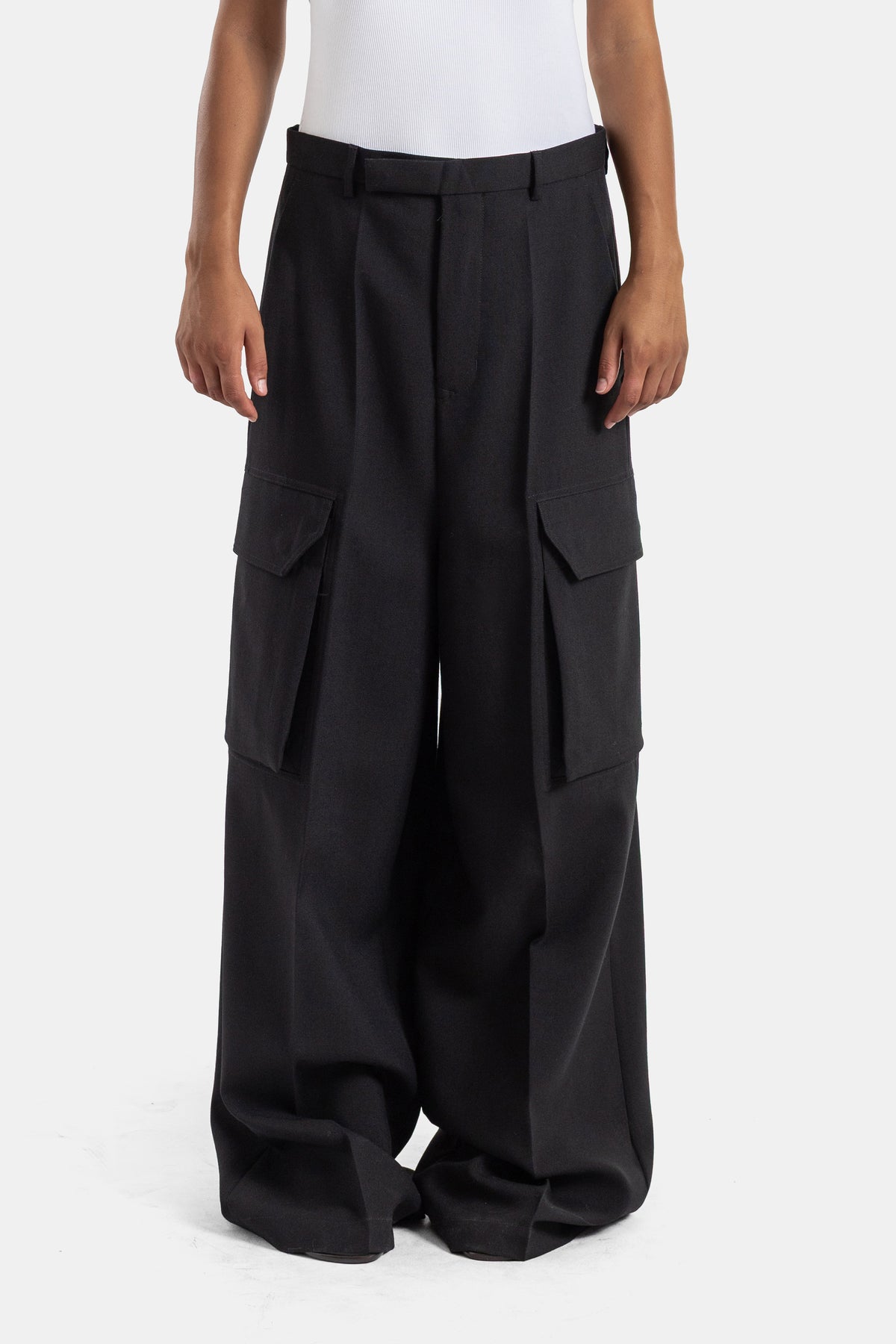 Rick Owens black high-rise wide-leg cargo trousers for women, featuring structured fabric and patch pockets