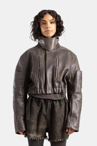 Bomber corto de cuero marrón con cuello alto - IT 40