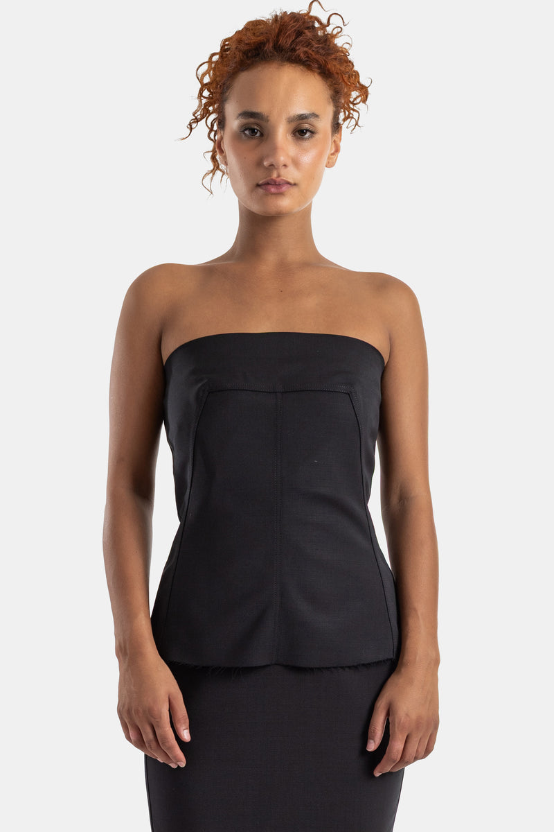 Bustier a fascia Rick Owens nero da donna, taglio a corsetto con cuciture a vista e orlo a taglio vivo.