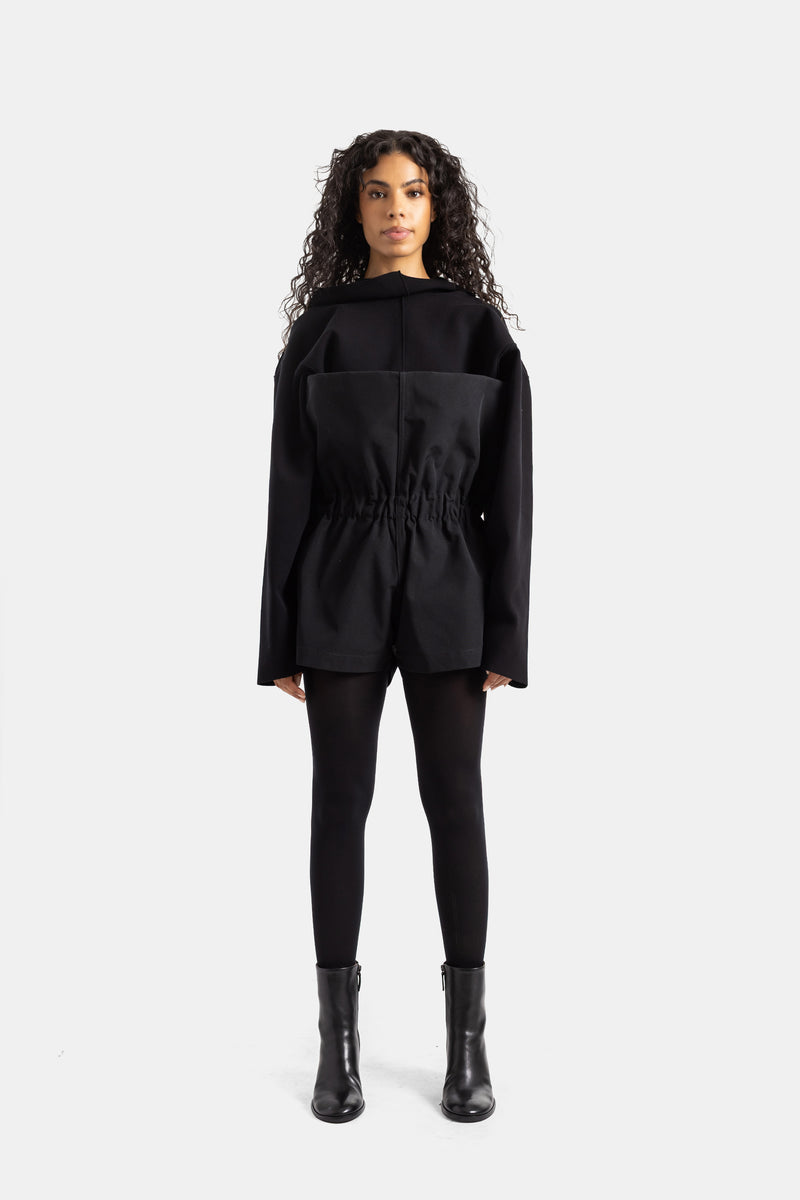 Schwarzer Rick Owens Oversize-Playsuit mit strukturierten Schultern, geraffter Taille und langen Ärmeln