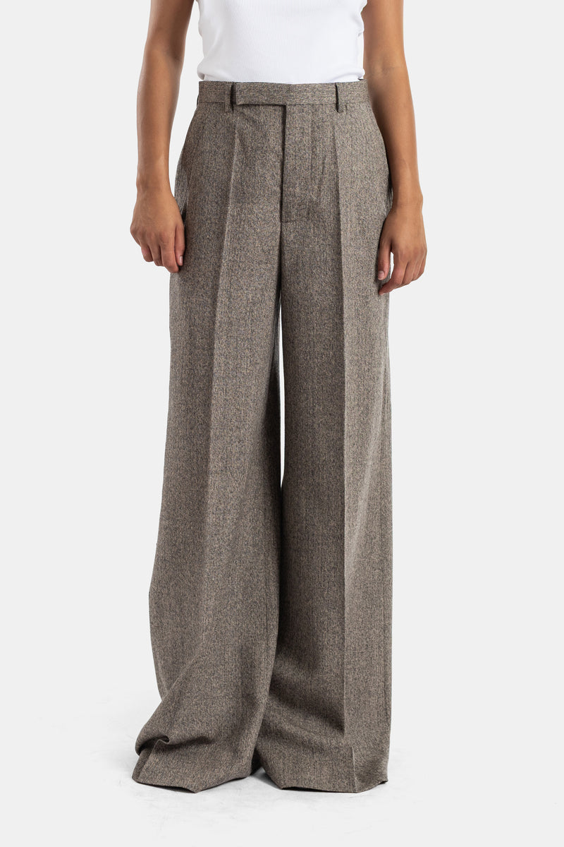 Pantalón de sastre ancho de Rick Owens en lana gris jaspeada de talle alto con pinzas y corte palazzo.