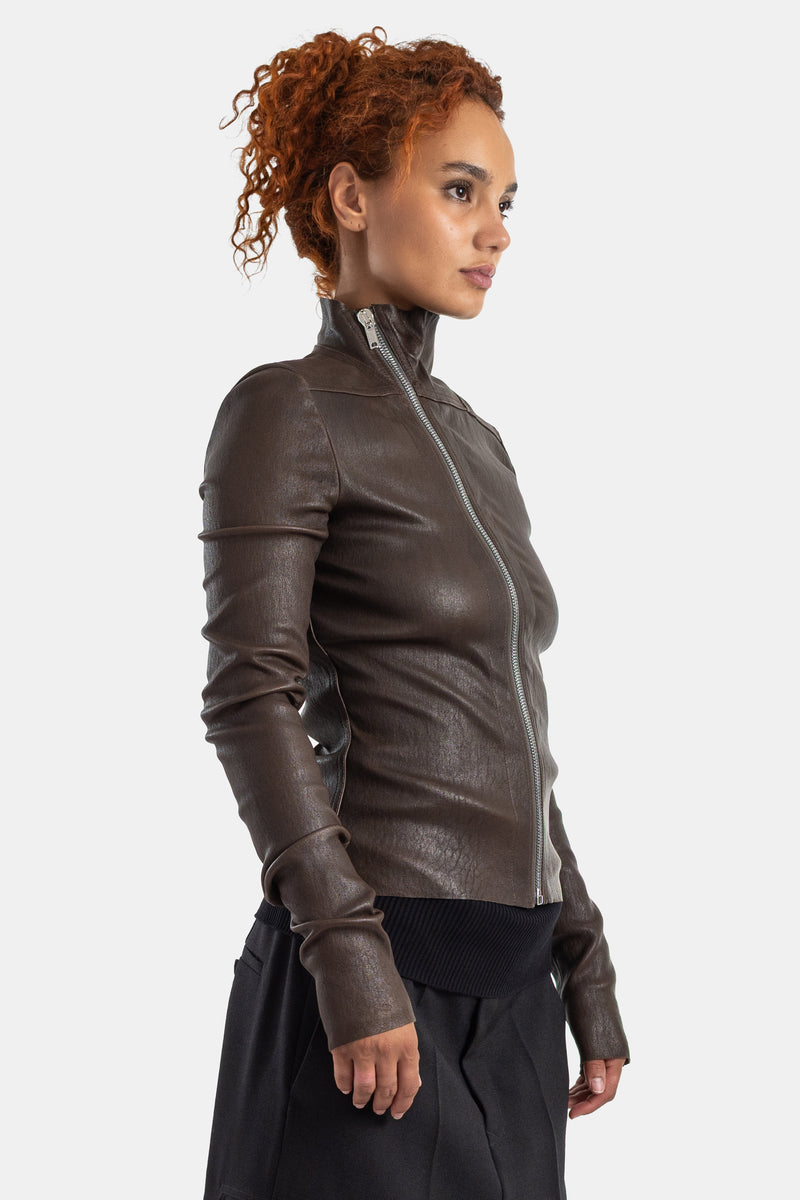 Rick Owens veste cuir marron femme profil trois quarts manches longues zippées bande côtelée noire en bas