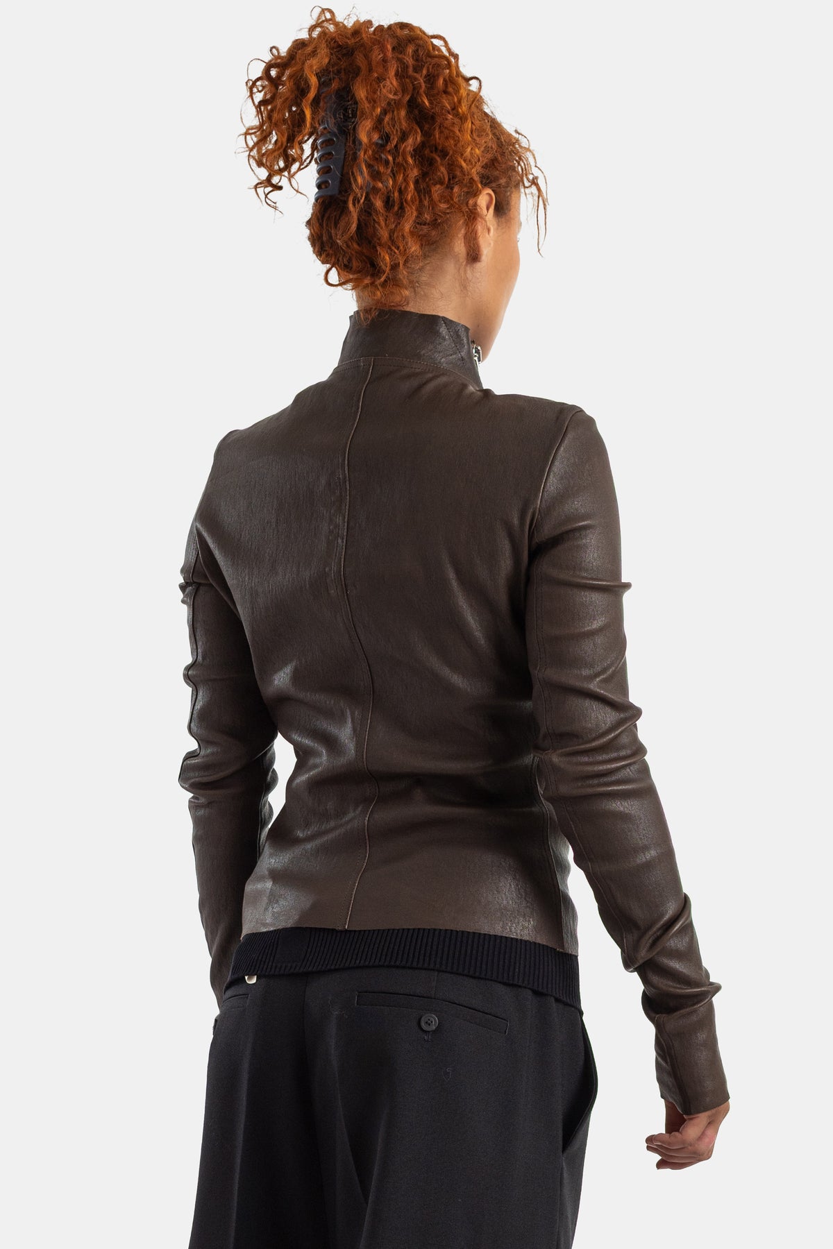 Rick Owens veste Gary cuir marron dos vue arrière coutures centrales col droit cheveux roux