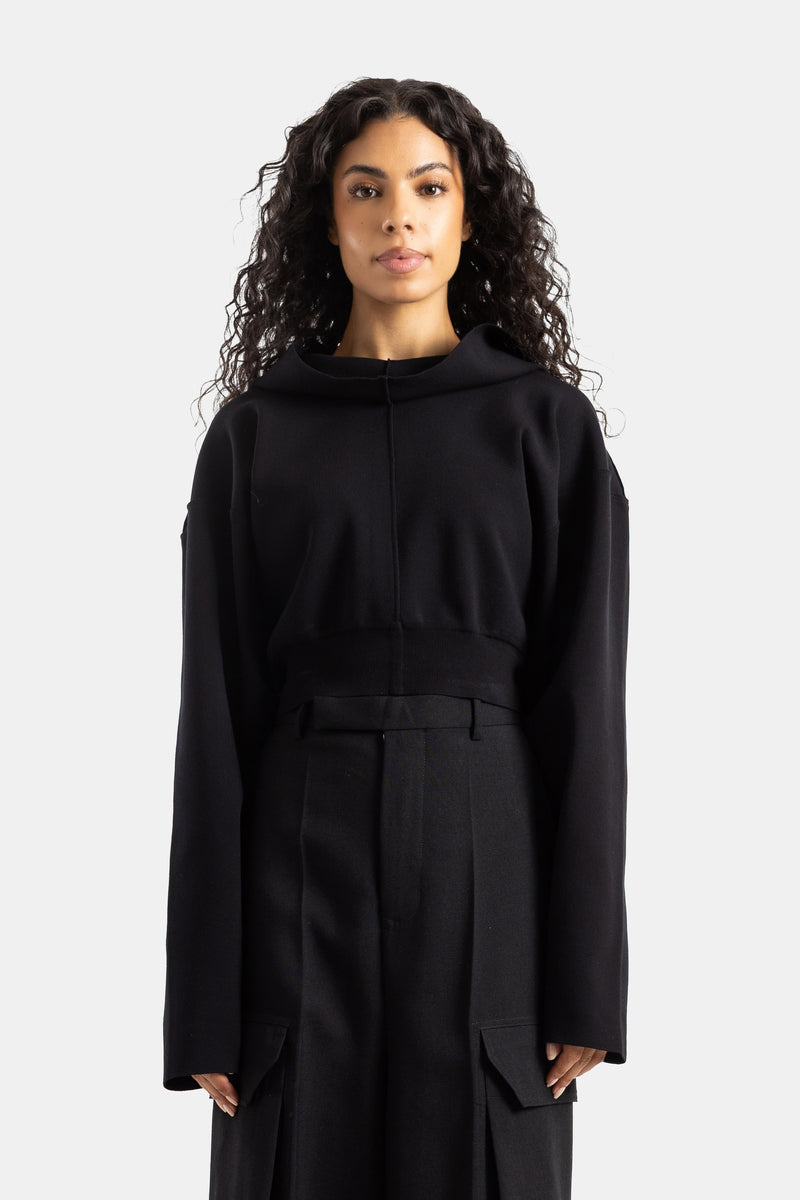Kurzer Rick Owens Kapuzenpullover aus schwarzem Strick für Damen, lockerer Boxy-Schnitt, weite Ärmel.