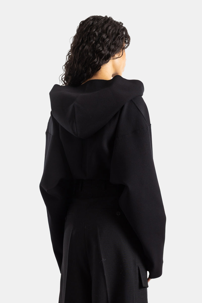 Schwarzer Rick Owens Damen-Hoodie, Rückansicht mit volumetrisch drapierter Kapuze und Strickstruktur.