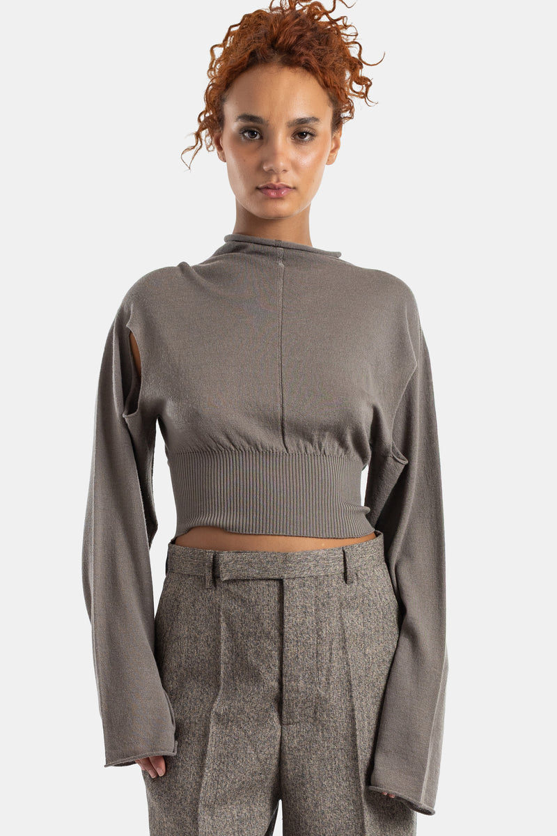 Top crop Rick Owens in maglia taupe a collo alto con maniche lunghe oversize, spacchi e taglio asimmetrico da donna