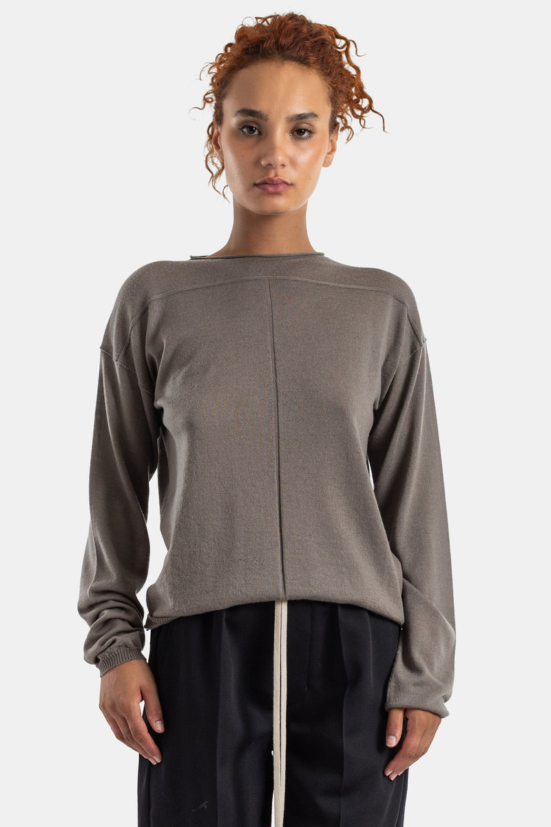 Rick Owens oversized Level crewneck sweater with long sleeves and raw hem in a deep taupe colorway.