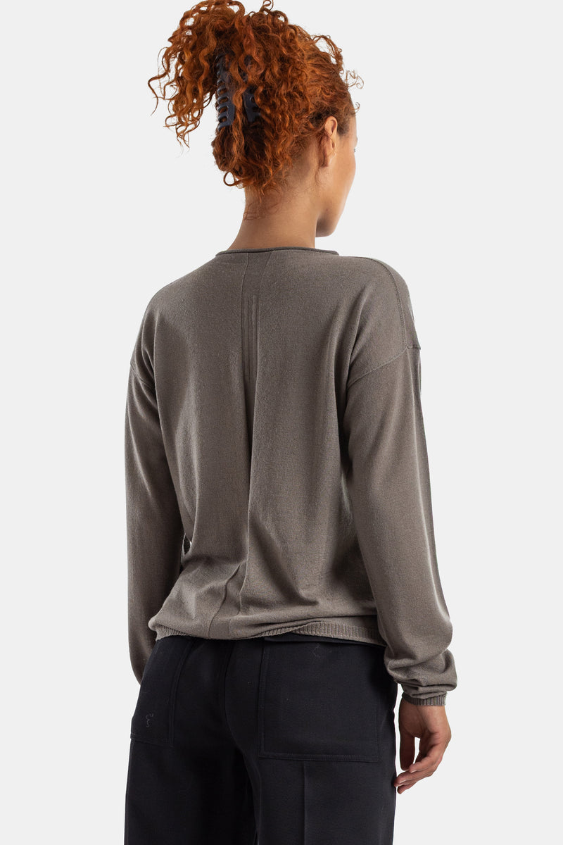 Rick Owens pull Level dos femme, dos couture centrale visible, coloris taupe chiné et bas côtelé