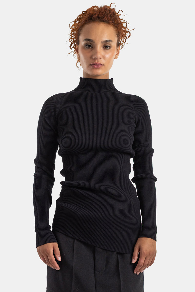 Maglione Rick Owens a coste a collo alto aderente a maniche lunghe in maglia a costine nera da donna