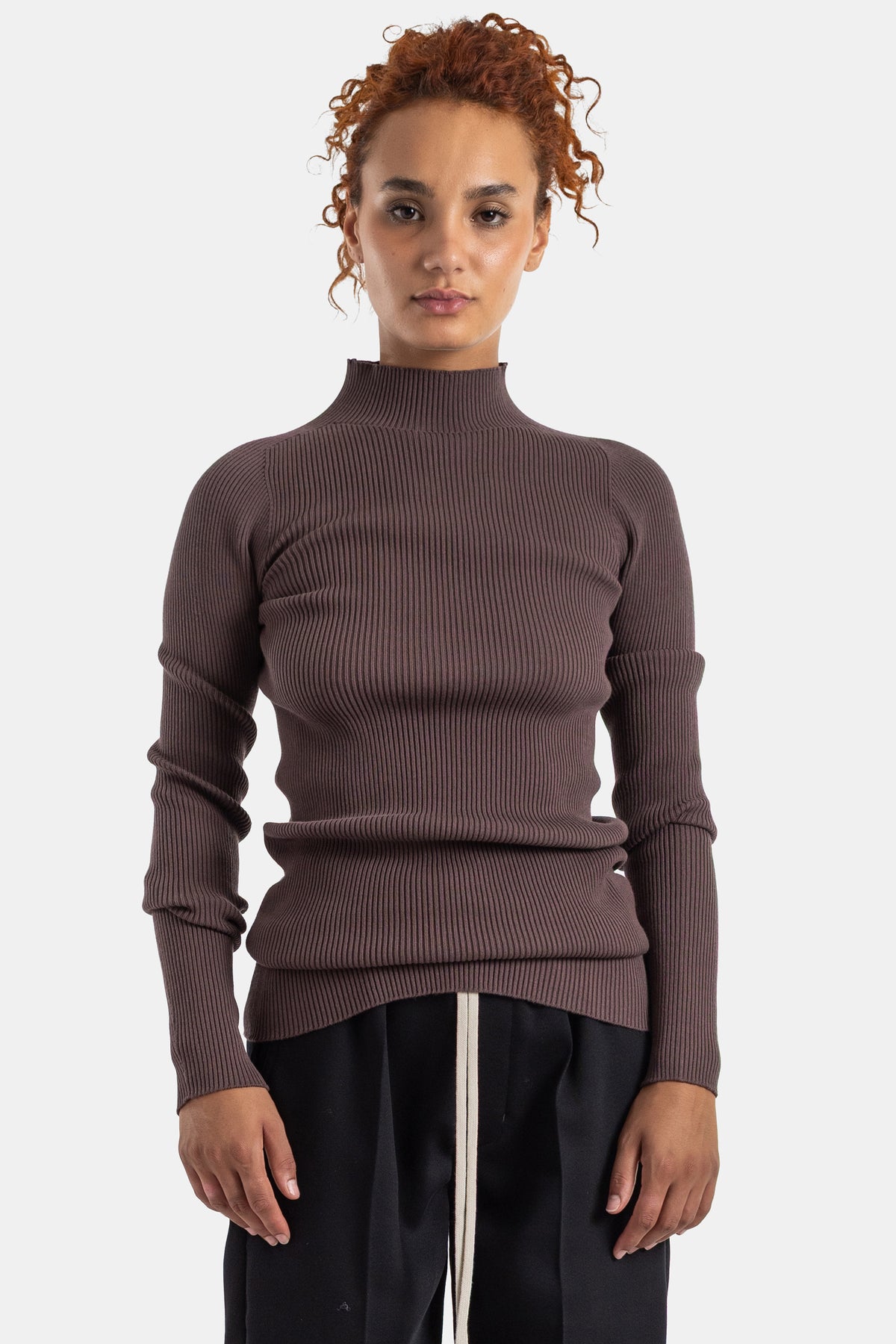 Fitted Rick Owens women's high neck ribbed sweater with long sleeves in a deep cocoa brown ribbed knit.