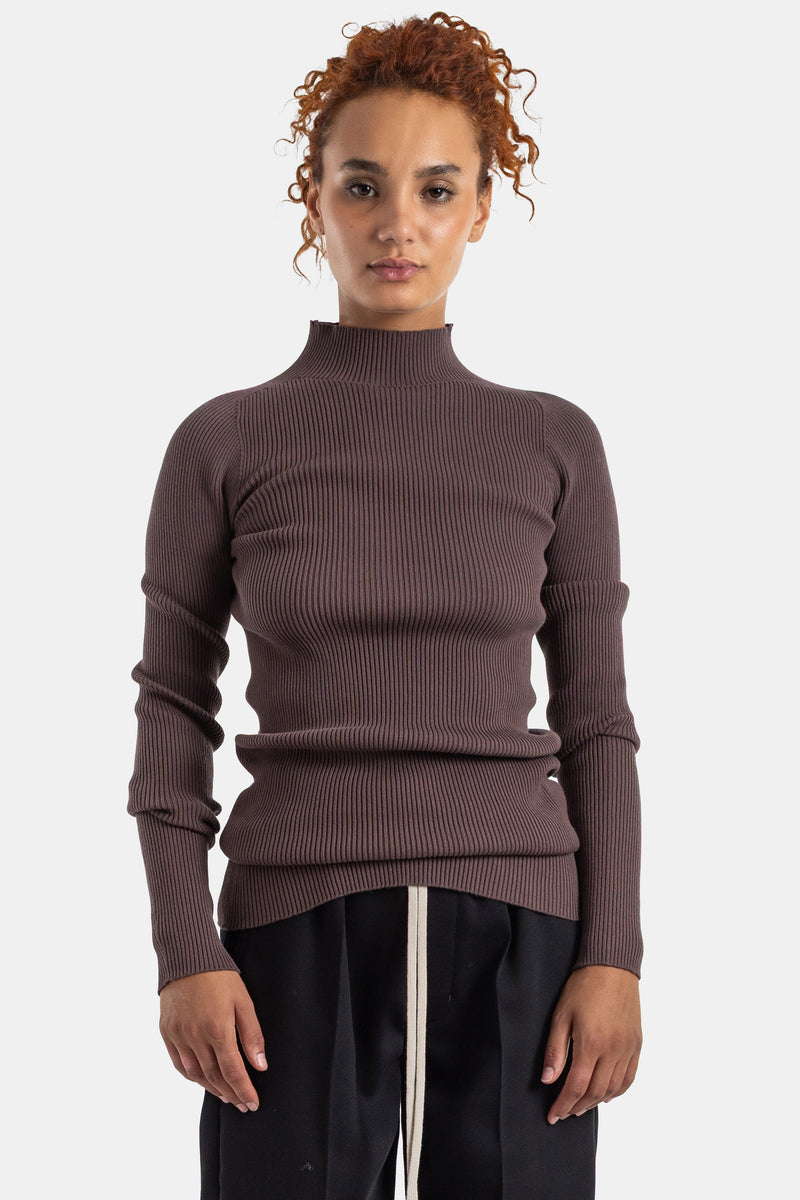 Pullover Rick Owens a collo alto a coste aderente a maniche lunghe in maglia a coste marrone cacao donna
