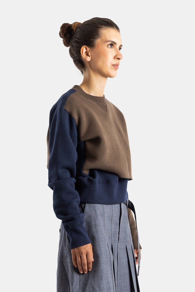 Sacai sweatshirt femme vue de profil, blocs colorés marron et navy, jupe plissée grise, coupe structurée
