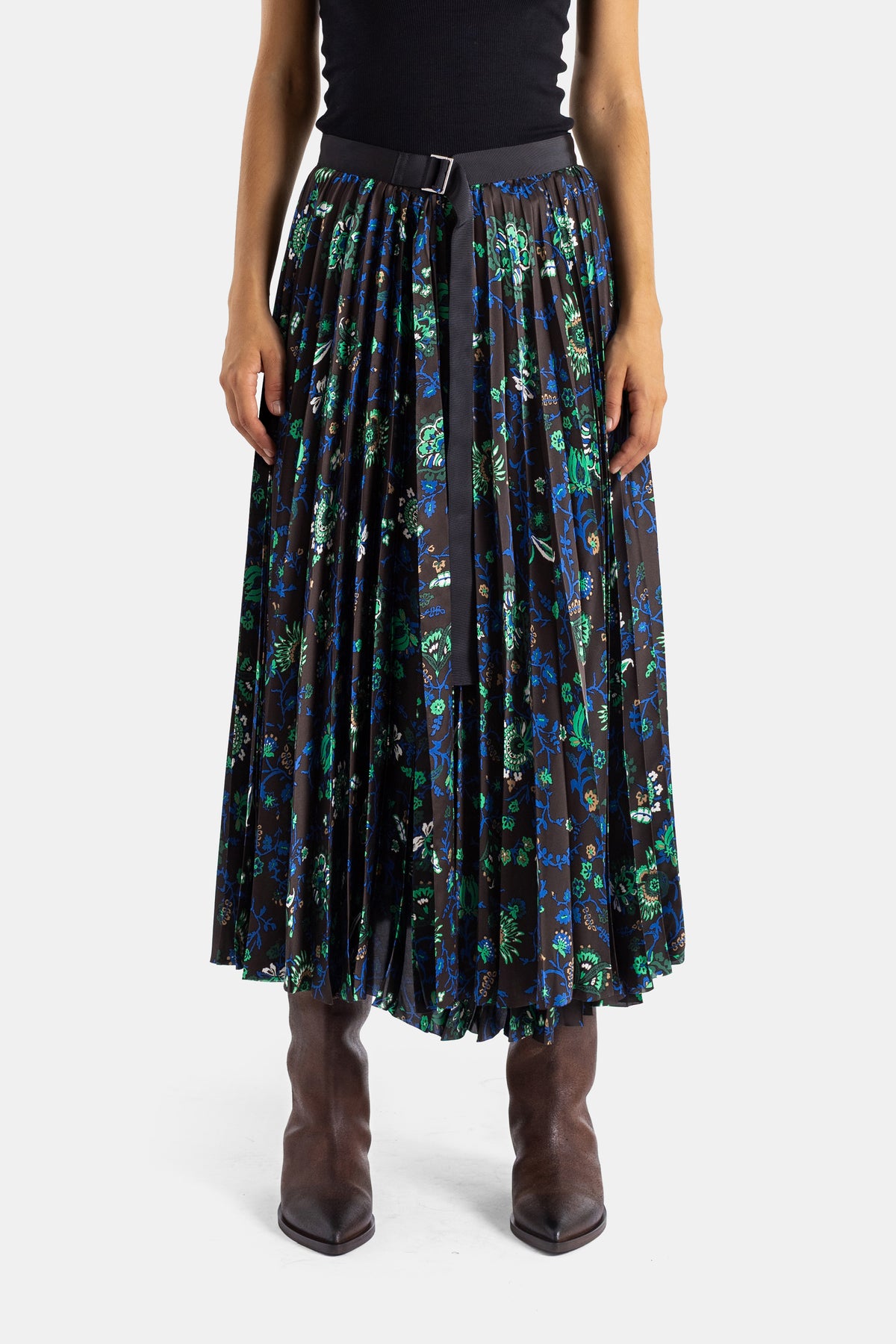 Sacai jupe plissée mi-longue florale marron bleu vert à ceinture gros-grain, coupe évasée