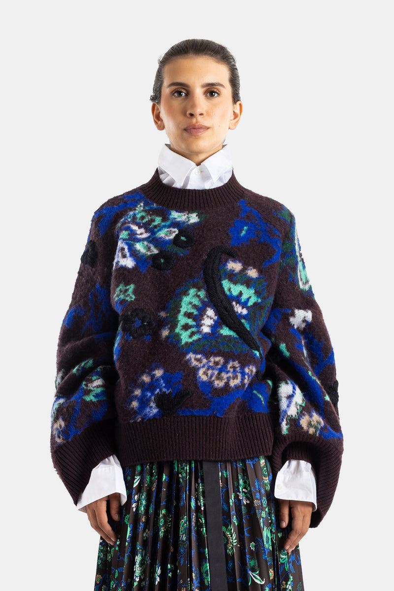 Pull en maille jacquard fleurs et paon marron