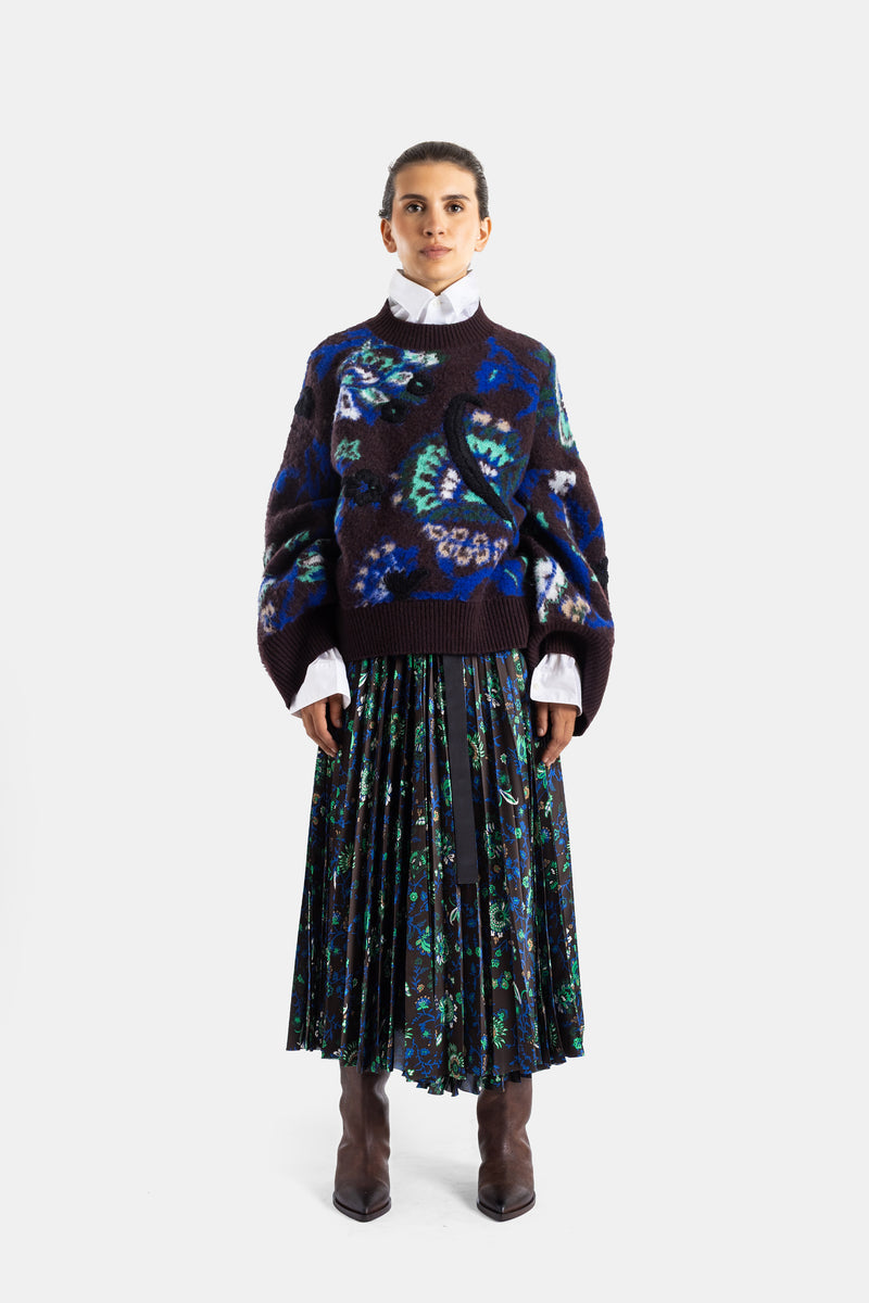 Pull en maille jacquard fleurs et paon marron