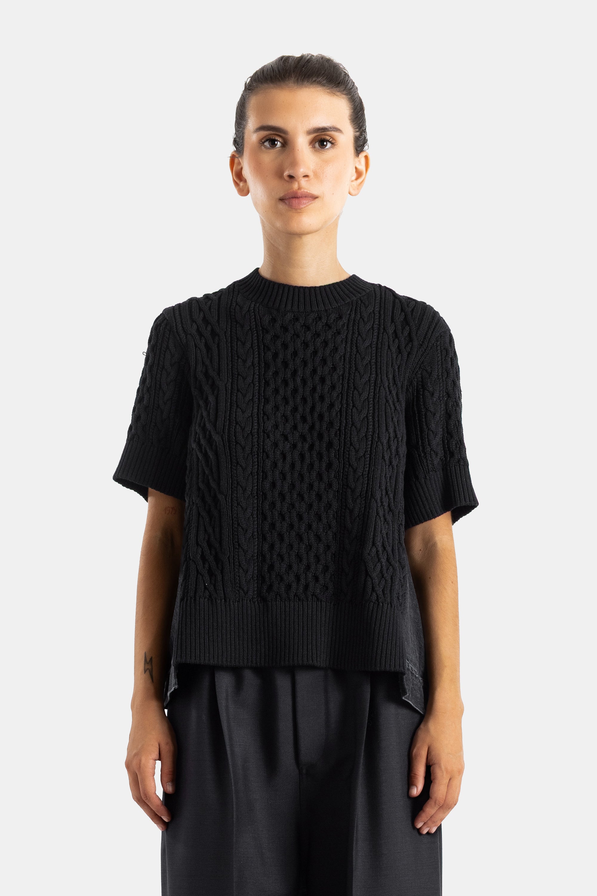 Sacai Hybrid Cable-Knit and Black Denim Sweater | Actuel B