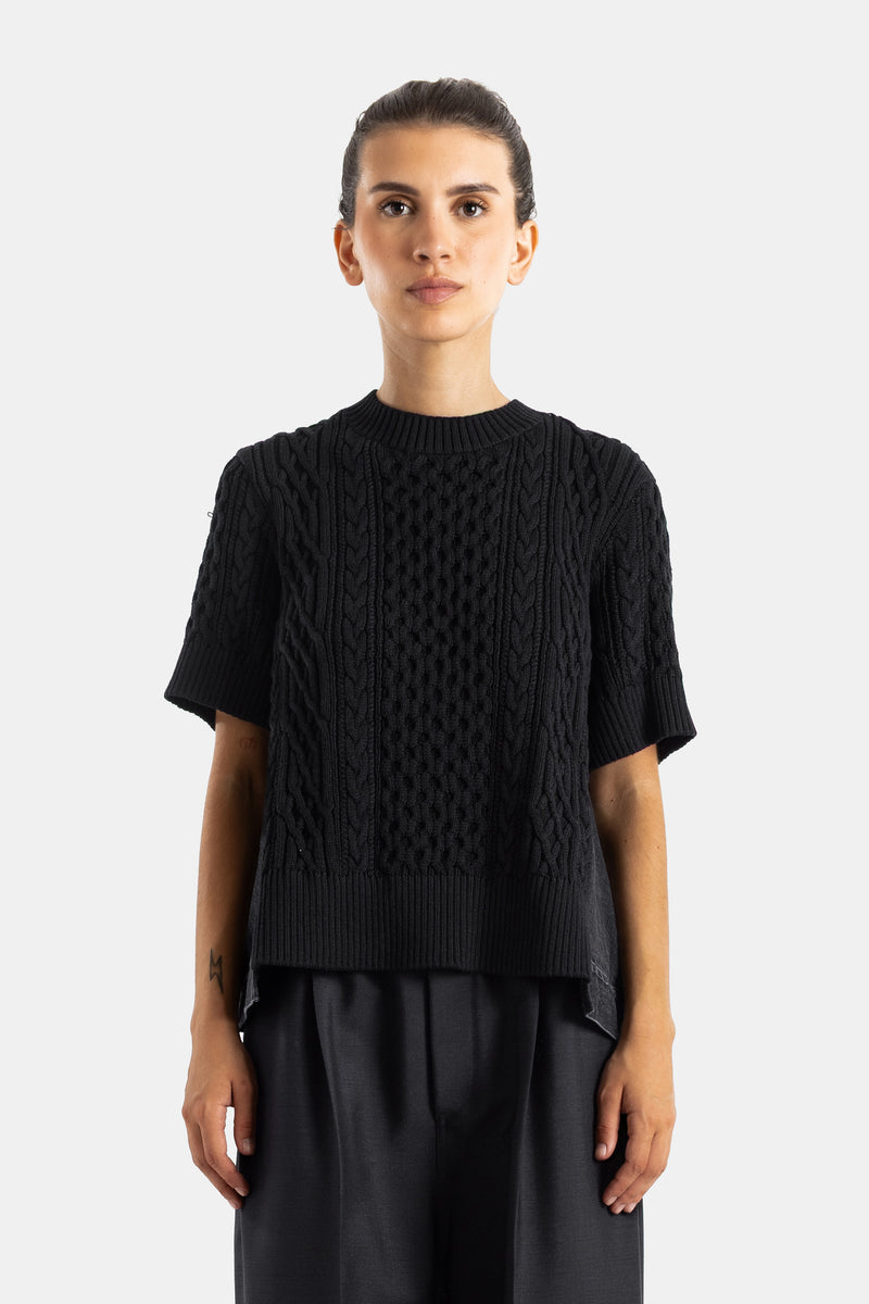 Sacai pull hybride torsadé col rond manches courtes en maille cable-knit et denim noir femme