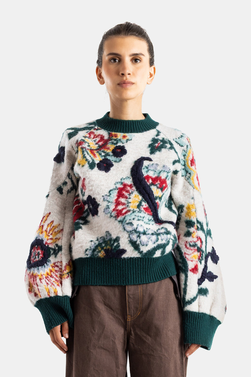Sacai pull jacquard col rond manches bouffantes motif fleurs et paon ivoire et vert