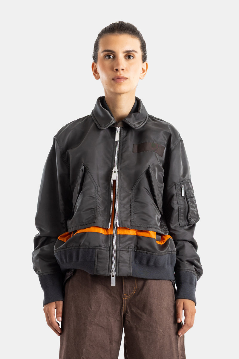Sacai blouson hybride MA-1 nylon twill col chemise double zip kaki foncé doublure orange femme