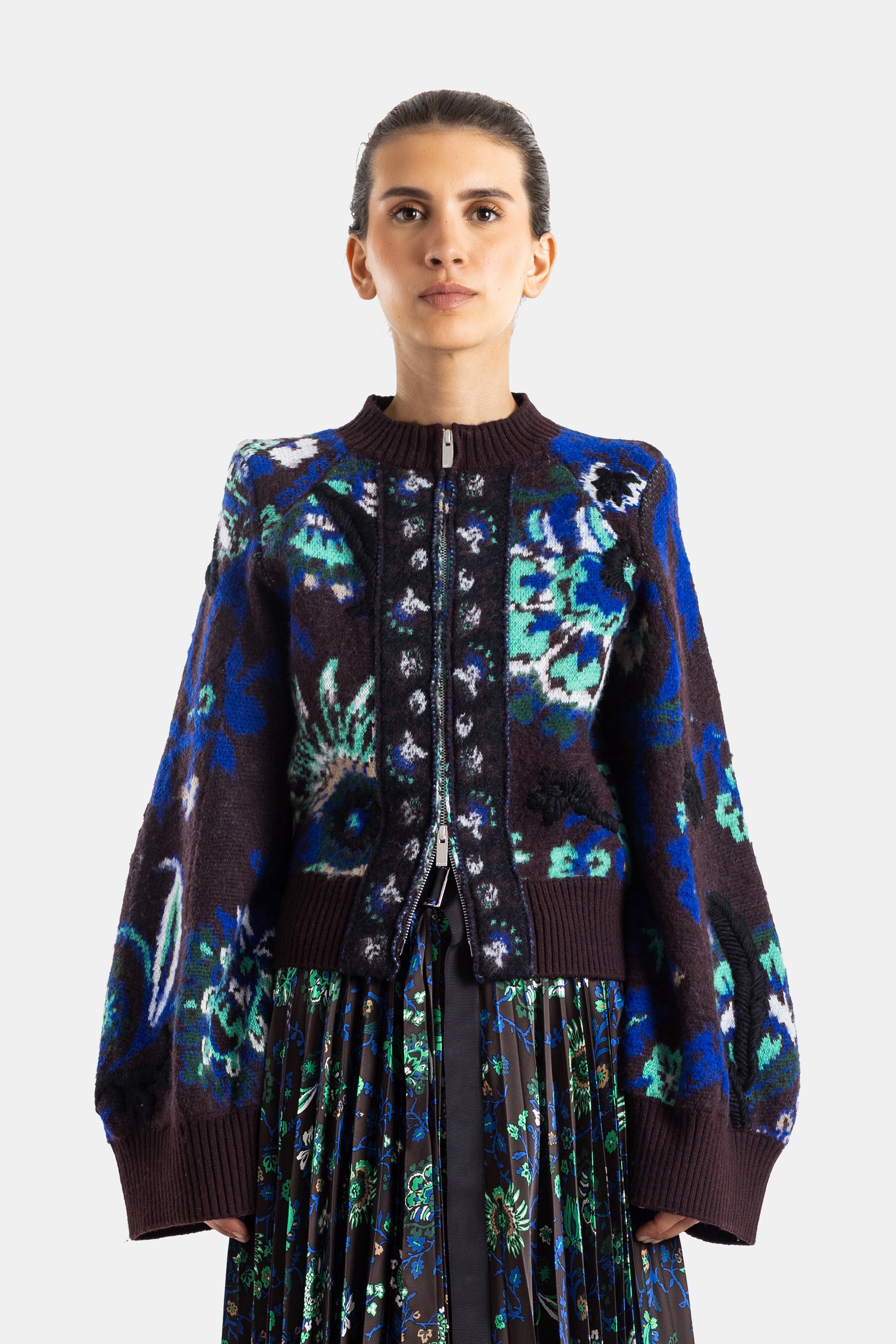 Sacai Brown Floral Jacquard Knit Jacket | Actuel B